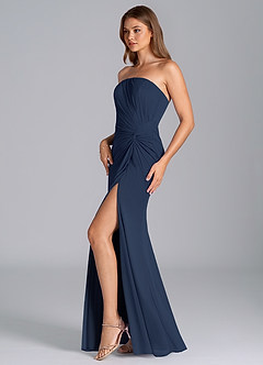 Azazie Mariya Vestidos de damas de honor Vestido de Azul Marino Oscuro de Malla de Corte Sirena con Sin tirantes image5