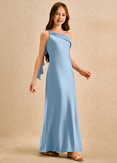 Azazie Almond Girls Formal Jurken voor bloemenmeisjes Kokerjurk Jurk van Stretch Satijn One-shoulder Poederblauw image5