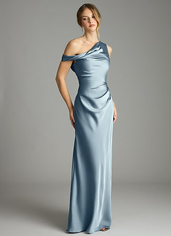 Azazie Emerson Robes de demoiselle d'honneur Robe Sirène en Satin extensible Épaule décolletée Bleu Poussiéreux image5