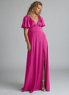Azazie Kimber Bridesmaid Dresses Fuchsia A-Line Ruched Stretch Satin Dress image4