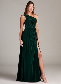 Azazie Brooke Bridesmaid Dresses Emerald A-Line One Shoulder Velvet Dress image3