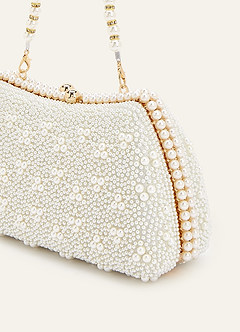 front Matching Color Matte Satin Pearl and Bow Pointed Toe Block Heels & Beaded Clutch Set