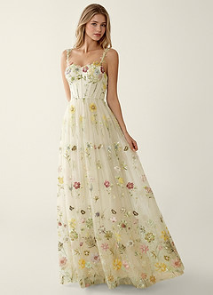 Irisqun Żółty Suknia balowa z tiulu z haftem cekinowym i koralikami w kwiaty 3D image3