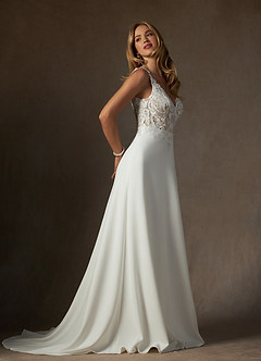 Azazie Clementina Wedding Dresses Diamond White Nude A-Line V-Neck Sequins Stretch Crepe Dress image3