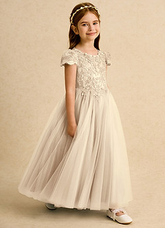 Azazie Puff Flower Girl Dresses Champagne Ball-Gown Lace Tulle Dress image3