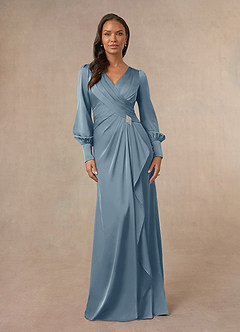 Azazie Petrina Mother of the Bride Dresses Dusty Blue Mermaid Pleated Stretch Satin Dress image1