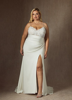 Azazie Nyx Robes de mariée Robe Sirène en Satin extensible Col V à paillettes Blanc De Diamant image3
