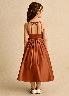 Azazie Indi Robe Demoiselle D'honneur Fillette Robe Trapèze en Mat Satiné Arc Orange Brûlée image1