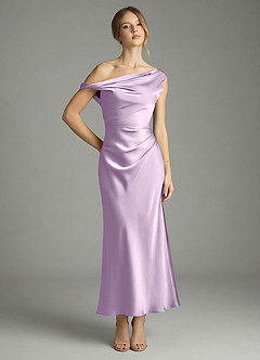 Azazie Emerson Bridesmaid Dresses Frosted Lilac Mermaid Off the Shoulder Stretch Satin Dress image1