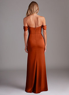 Azazie Saige Bridesmaid Dresses Paprika Sheath Off the Shoulder Stretch Satin Dress image10