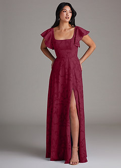 Azazie Bondi Bridesmaid Dresses Burgundy A-Line Side Slit Floral Burnout Dress image4