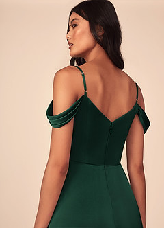 Azazie Ocean Bridesmaid Dresses Dark Green A-Line V-Neck Pleated Stretch Satin Dress image9
