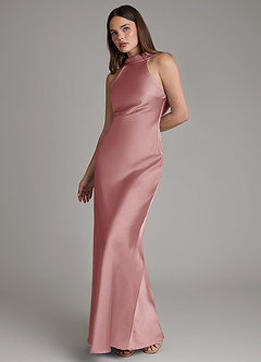 Azazie Dimitra Robes de demoiselle d'honneur Robe Trapèze en Satin extensible Plissée Rose Poussiéreuse image6