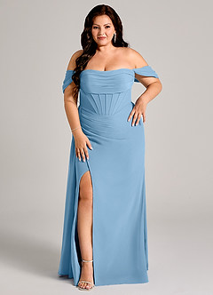 Azazie Amyra Bridesmaid Dresses Steel Blue Sheath Off the Shoulder Chiffon Convertible Dress image12