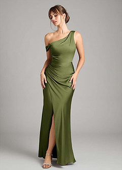 Azazie Madelyn Bridesmaid Dresses Olive Mermaid One Shoulder Stretch Satin Convertible Dress image1