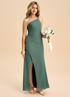 Azazie Eren Junior Vestido Musgo Marinho de Chiffon de Linha A com Plissado image3