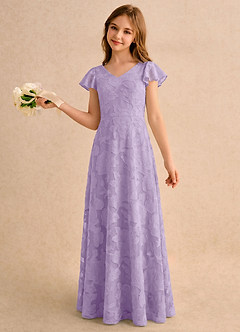 Azazie Narin Girls Formal vestidos de niña de las flores Vestido Lila de Devorado Floral de Línea A con con mangas image1