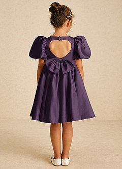 Azazie Muffin Flower Girl Dresses Plum A-Line with Sleeves Matte Satin Dress image1