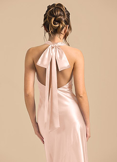Azazie Velli Bridesmaid Dresses Rose Gold Sheath High Neck Metallic Satin Dress image6