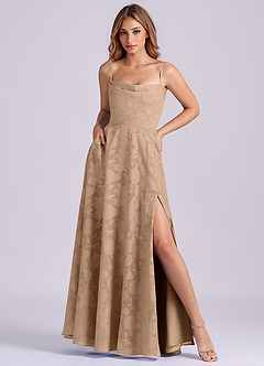 Azazie Elle 신부 들러리 드레스 A라인 주름진 플로럴 번아웃 바닥 길이 드레스 image3