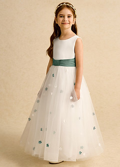 Azazie Cricket vestidos de niña de las flores Vestido de Marfil Eucalipto de Satin Mate de Princesa con Plisado image5
