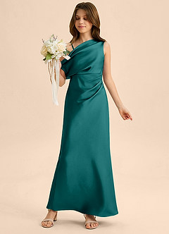 Azazie Emerson Junior Peacock Sheath Off the Shoulder Stretch Satin Dress image1