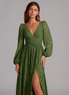Azazie Norah Final Sale Olive A-Line Long Sleeve Floral Burnout Dress image7
