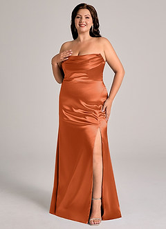 Azazie Saige Bridesmaid Dresses Burnt Orange Sheath Off the Shoulder Metallic Satin Convertible Dress image12