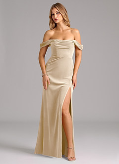Azazie Saige Bridesmaid Dresses Champagne Sheath Off the Shoulder Velvet Convertible Dress image7