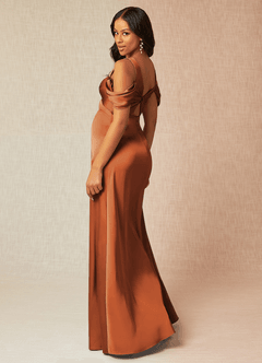 Azazie Rhea Maternity Bridesmaid Dresses A-Line Off-The-Shouler Pleated Stretch Satin Floor-Length Dress image5