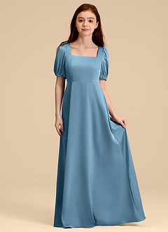 Azazie Briar Junior Abito A-Line in Raso Elasticizzato Fiocco Blu Acciaio image3