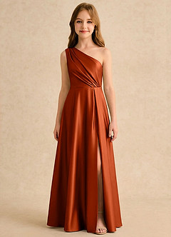 Azazie Puddles Girls Formal Robe Demoiselle D'honneur Fillette Robe Trapèze en Satin extensible Une épaule Paprika image6
