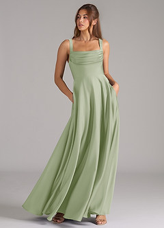 Azazie Shaude Bridesmaid Dresses Dusty Sage A-Line Pleated Stretch Satin Dress image3