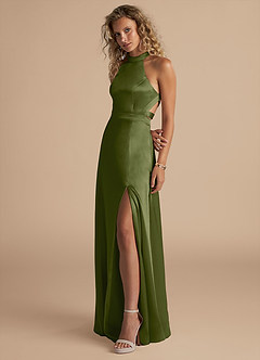 Azazie Clarice Bridesmaid Dresses Olive A-Line High Neck Metallic Satin Dress image5