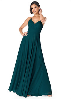Azazie Avelina Robes de demoiselle d'honneur Robe Trapèze en Mousseline de soie Col V plissé Vert Pin image1