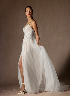 Azazie Nikita Wedding Dresses Diamond White Nude A-Line Sequins Tulle Dress image3