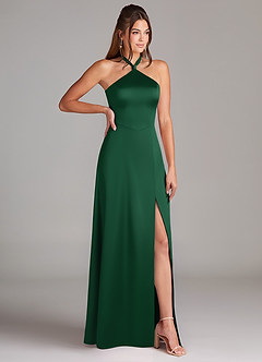 Azazie Elliana Vestidos de damas de honor Vestido de Verde Oscuro de Satén Elástico de Corte en A con Corte Lateral image3