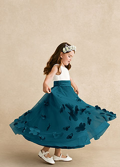 Azazie Vi Vestidos de florista Vestido Tinta Azul de Tule de Linha A com Sem mangas image2