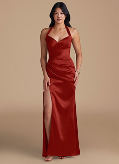 Azazie Emeria Bridesmaid Dresses Rust Sheath Side Slit Metallic Satin Dress image1