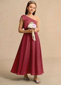 Azazie Guppy Girls Formal Flower Girl Dresses Pomegranate A-Line One Shoulder Chiffon Dress image1