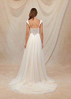 Azazie Katia At-home Try On Dresses Diamond White Champagne A-Line Lace Tulle Dress image2