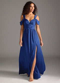 Azazie Lianne Bridesmaid Dresses Royal Blue A-Line Off the Shoulder Stretch Satin Dress image2