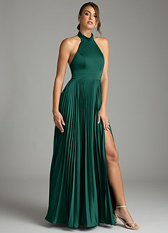 Azazie Zienna Robes de demoiselle d'honneur Robe Trapèze en Satin extensible Plissée émeraude image1