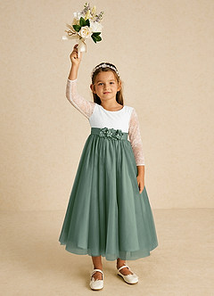 Azazie Mae Flower Girl Dresses Ivory Eucalyptus A-Line Bow Tulle Dress image4