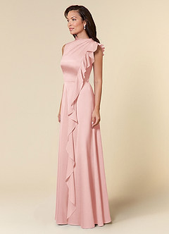 Azazie Narine Mother of the Bride Dresses Powder Pink A-Line High Neckline Pleated Stretch Satin Dress image2