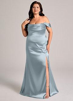Azazie Saige Bridesmaid Dresses Dusty Blue Sheath Off the Shoulder Metallic Satin Convertible Dress image11