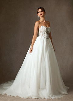Azazie Ainsley Wedding Dresses Diamond White Nude Ball-Gown Strapless Lace Dress image6