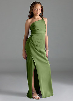 Azazie Eren Junior Juniper Sheath Pleated Stretch Satin Dress image1
