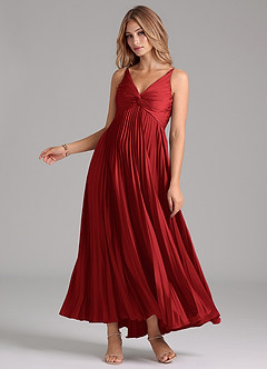 Azazie Raychelle Bridesmaid Dresses Pomegranate A-Line Pleated Stretch Satin Dress image3