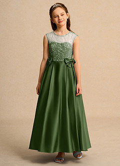 Azazie Candy Girl Jurken voor bloemenmeisjes Baljurk Jurk van Mat Satijn Boog Olijf image5